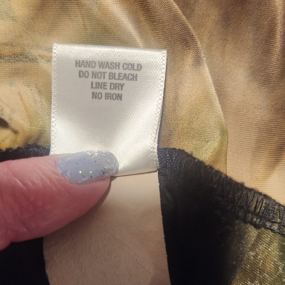 Dress Barn Short Sleeve Brown/Green Cowel Neck Gold Metallic Embellishmets PM - Picture 10 of 10
